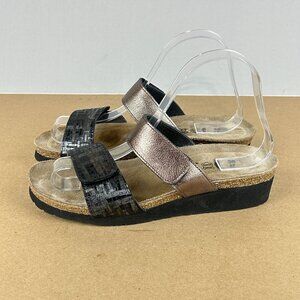 Naot Althea Leather Two Strap Sandals Womens 7 Black Rose Gold Slip On